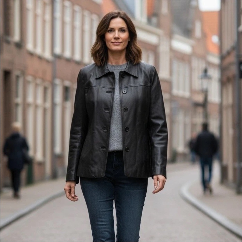 JL Colebrook BLACK LEATHER Button Jacket Moto Women’s Med Biker Purple Lining M